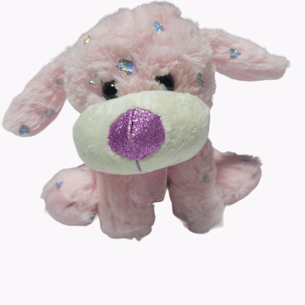 Toms Toy Puppy Dog 7 inch Plush Pink Silver Hearts Purple Nose Stuffed Animal